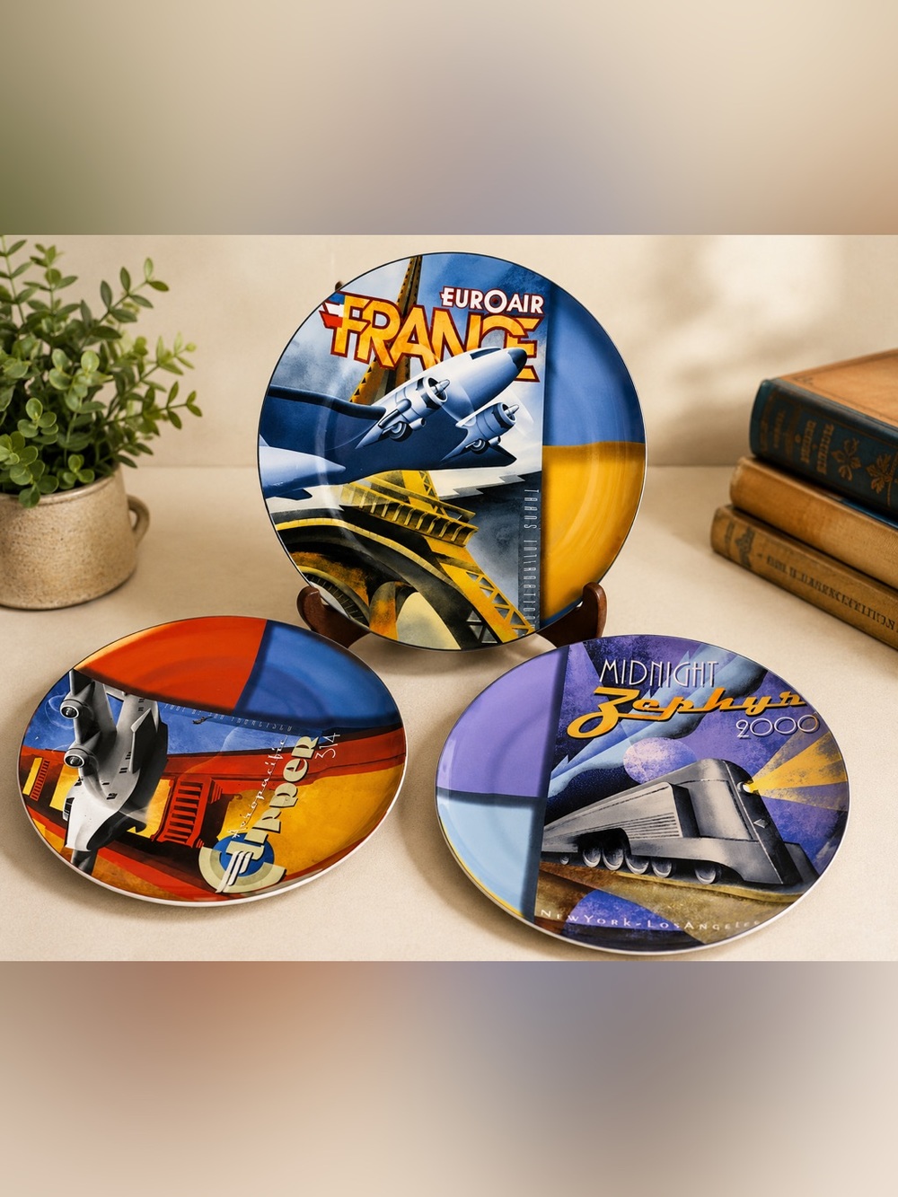 Sakura Destination Collection Art Deco Transportation Plates – Set of 3 Plates